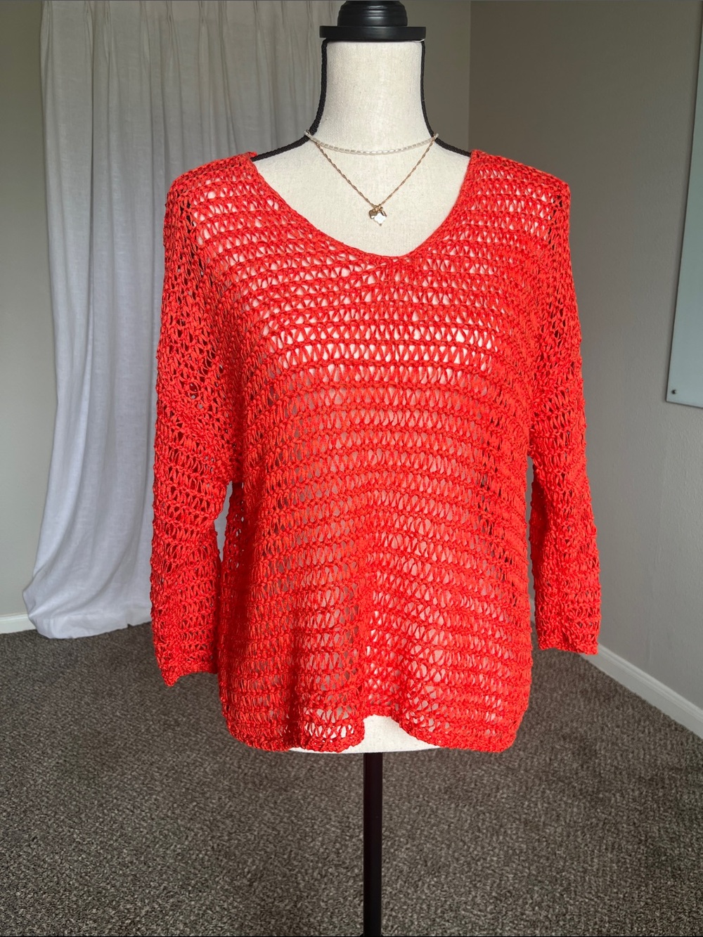 Chicos Red Open Knit Cover Up Sweater Relaxed Slouchy Beach Top Size 1 M L XL